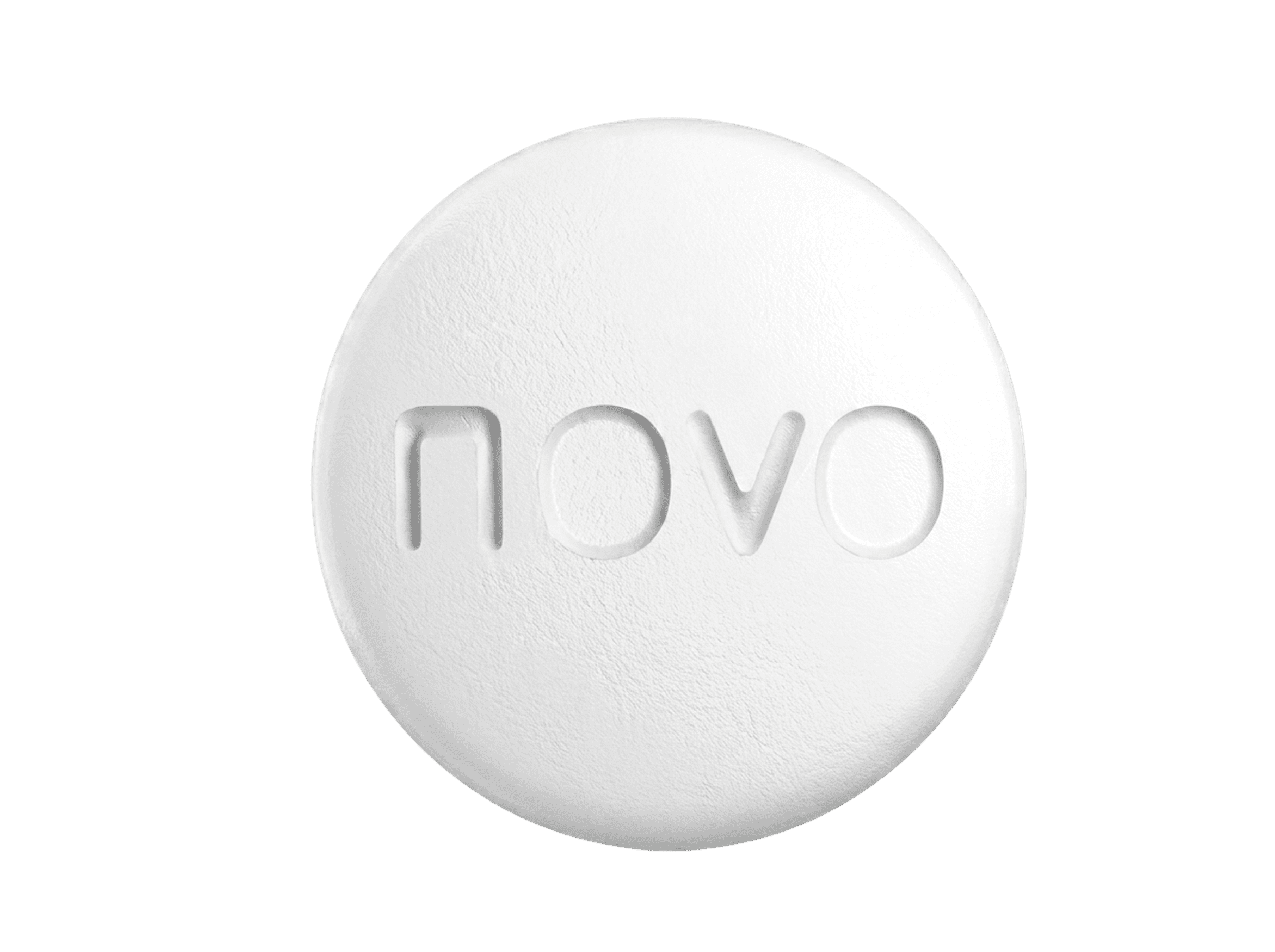 A single white oral semaglutide tablet debossed novo.